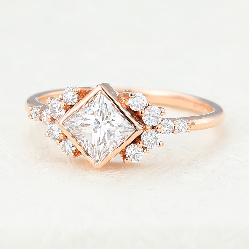 0.64 CT Princess Bezel & Cluster Lab-Grown Diamond Engagement Ring