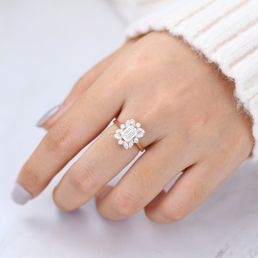 0.92 CT Emerald Cluster Moissanite Engagement Ring