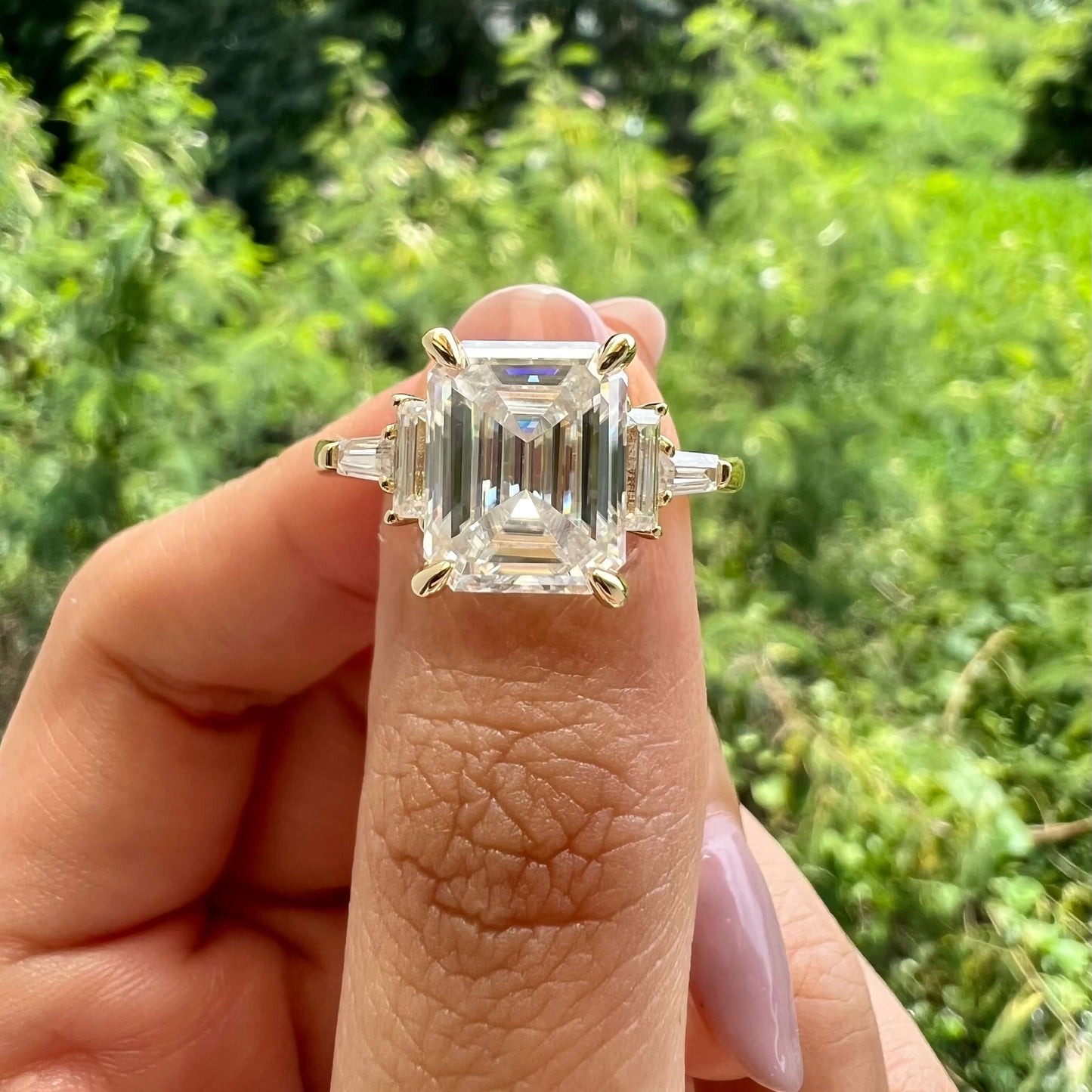 5.75 CT Emerald Three Stone Moissanite Engagement Ring